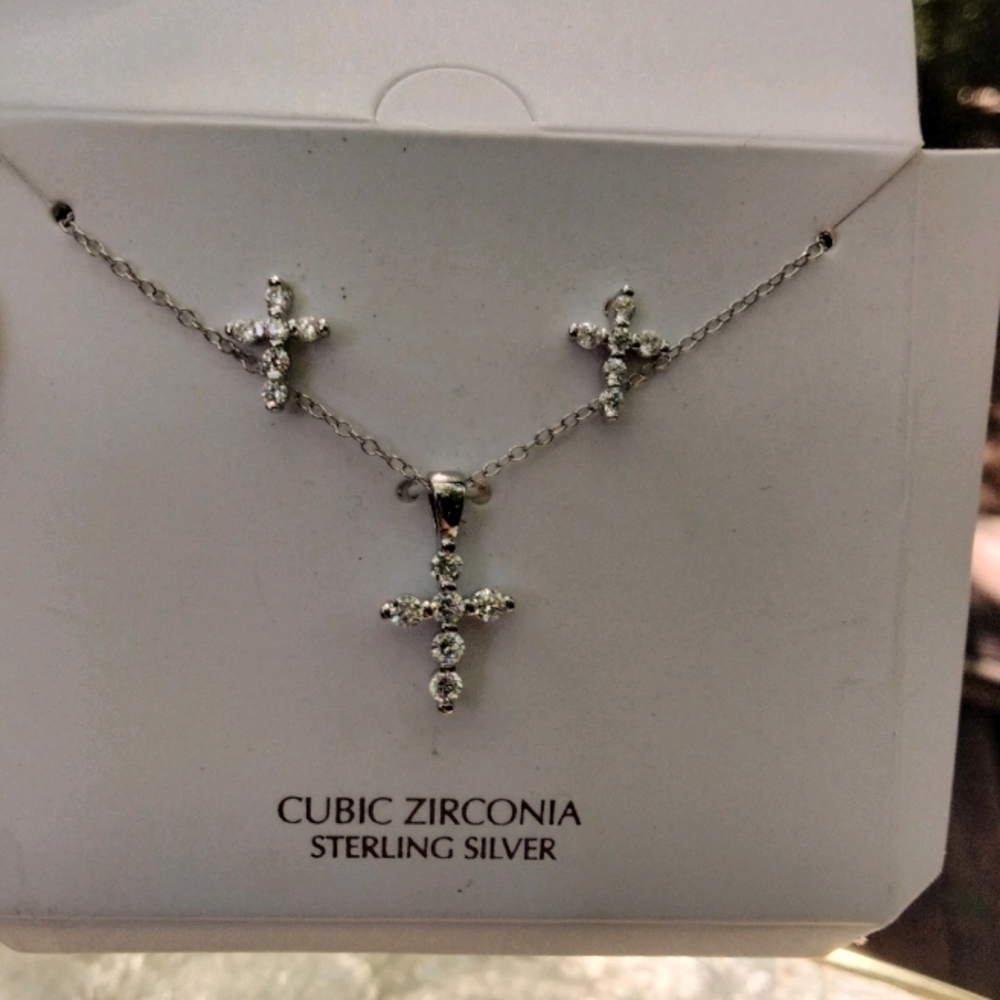 CZ & sterling silver cross necklace & earrings